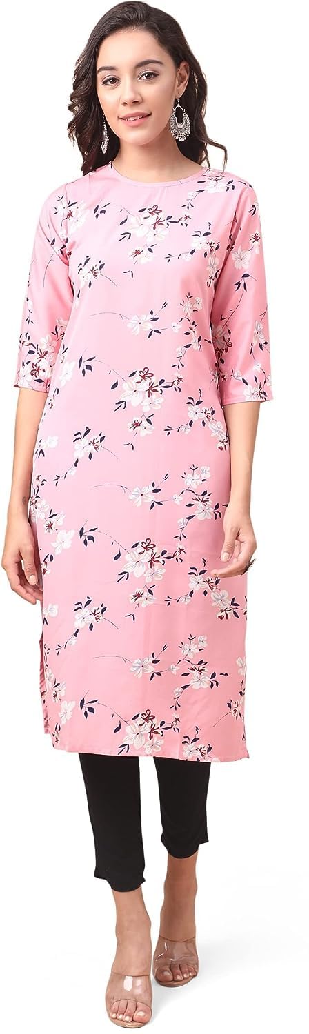 LookMark Women's Crepe Pink & Light Green Color 3/4 Sleeve Straight Printed Kurta | Kurti Combo Pack of 2 (AZ-K1037-K1052-M)
