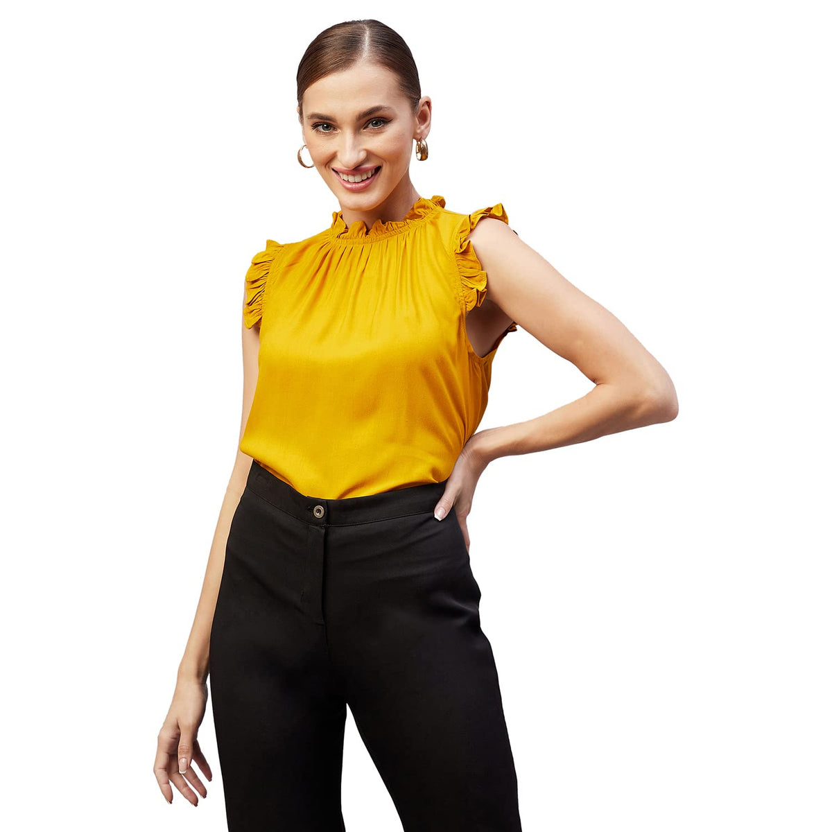 Rare Women Casual Mustard Colour High Neck Solid Regular Top