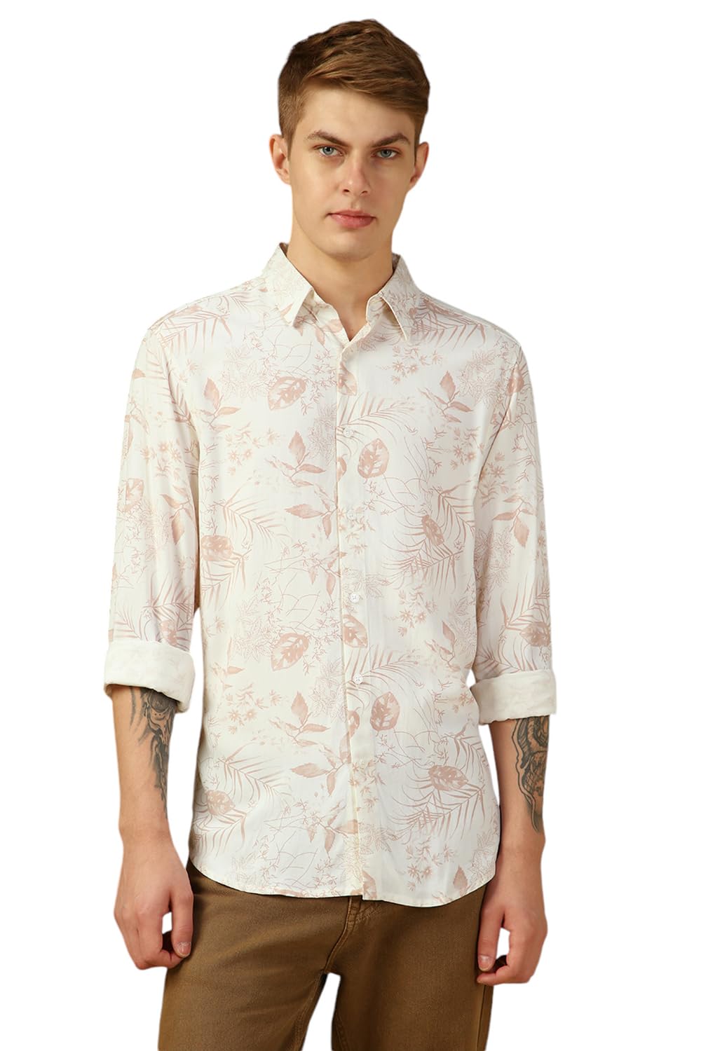 Dennis Lingo MenS Dusty Pink Full Sleeve Spread Collar Printed Relaxed Fit Casual Shirt