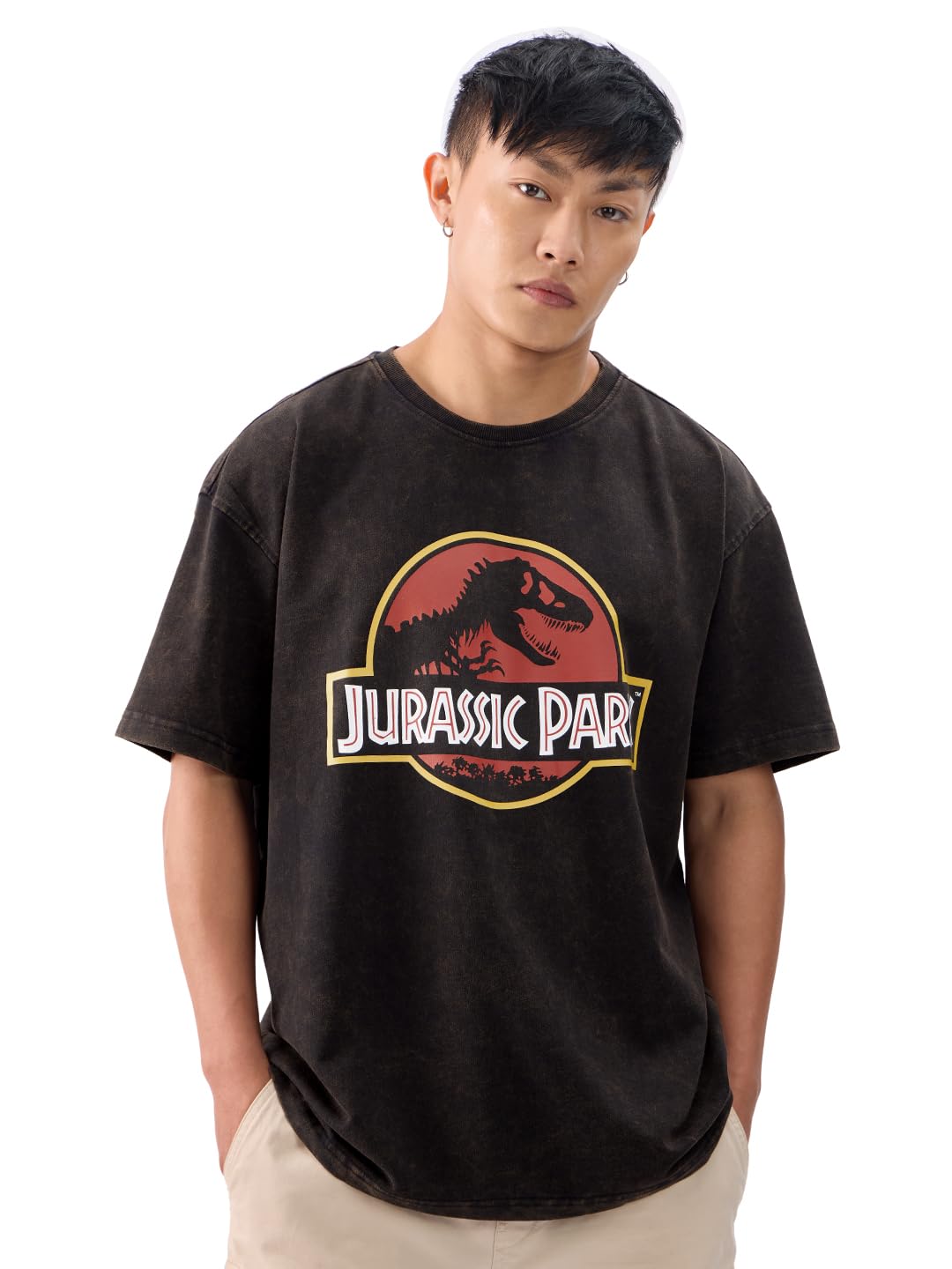 The Souled Store Official Jurassic Park: Logo Vintage Wash Men and Boys Short Sleeves Round Neck Black Graphic Printed Cotton Ov