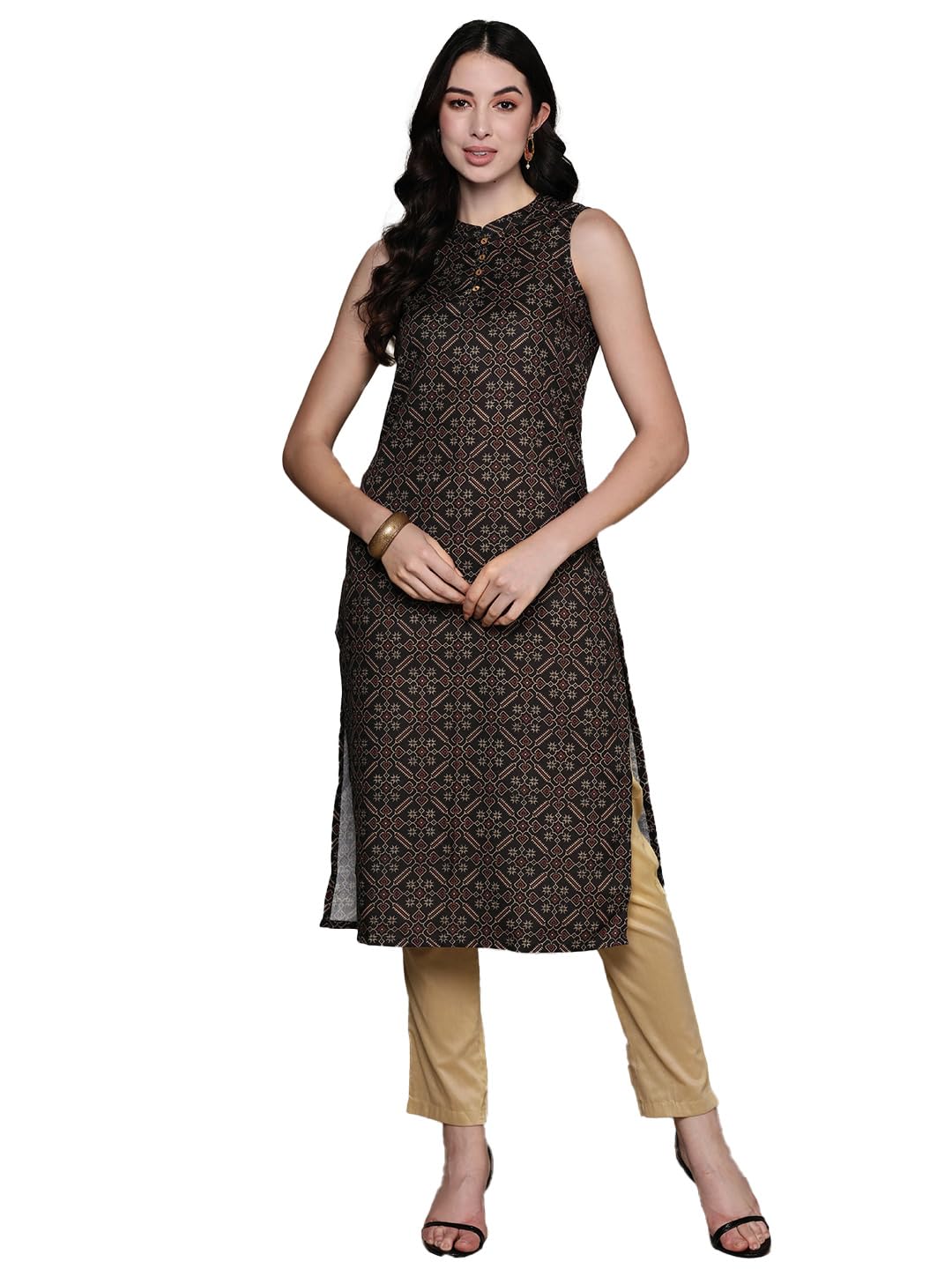 anubhutee Womens Cotton Abstract Black Straight Kurta