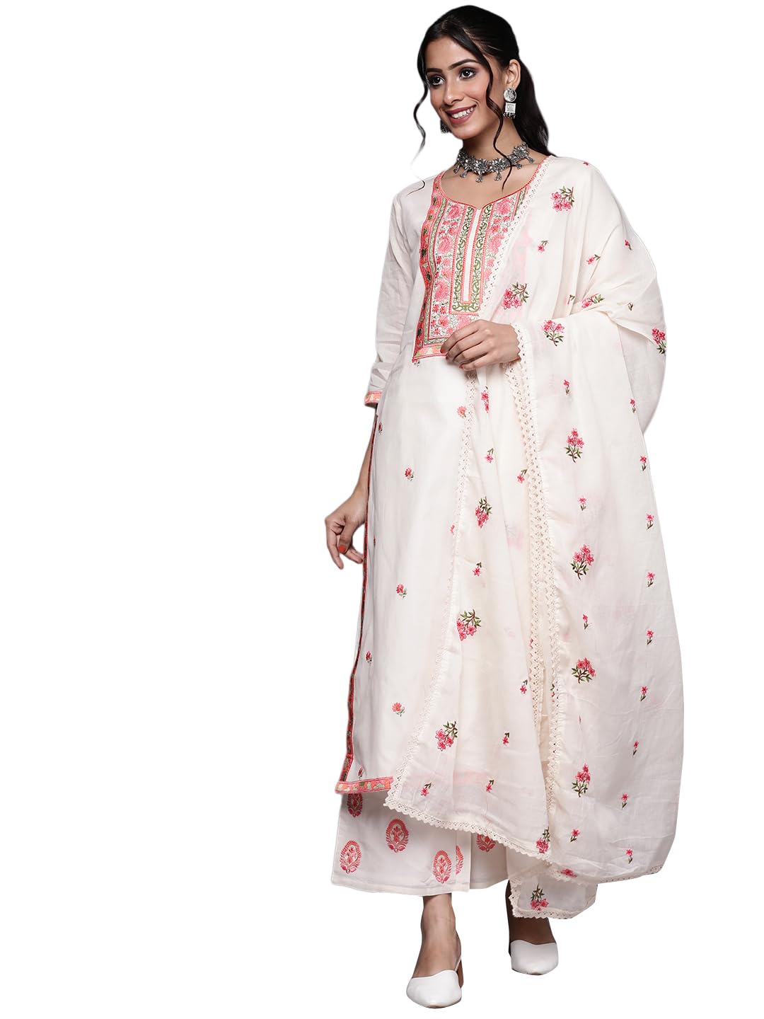 Libas Womens Yoke Design Cotton Straight Kurta With Palazzos And Dupatta