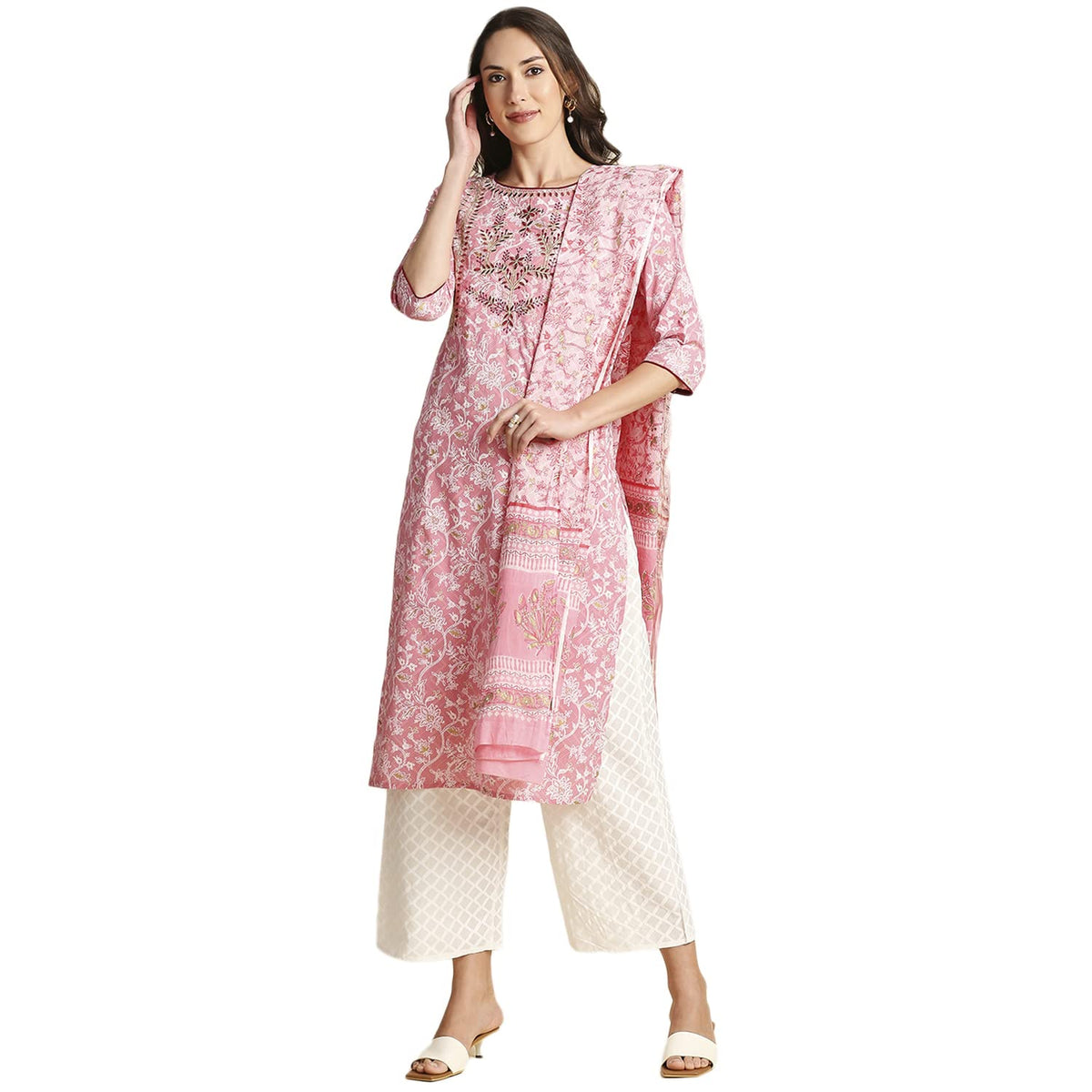 anubhutee Floral Embroidered Cotton Straight Kurta Palazzos Suit Set with Dupatta for Women