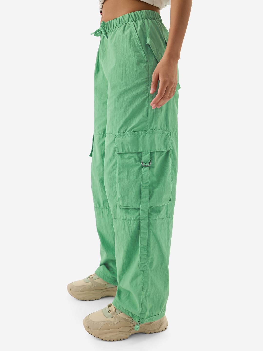 The Souled Store Kelly Green Women & Girls Drawstring Toggle Leg Closure Solid Nylon Parachute Pants