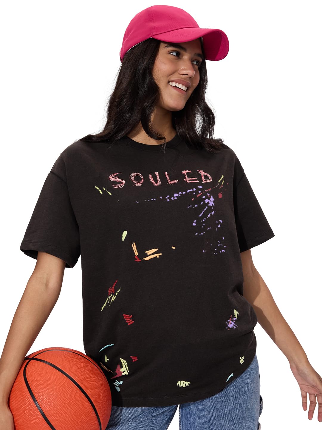 The Souled Store Souled Thread Women and Girls Short Sleeves Round Neck Black Embroidery Cotton Oversized T-Shirts