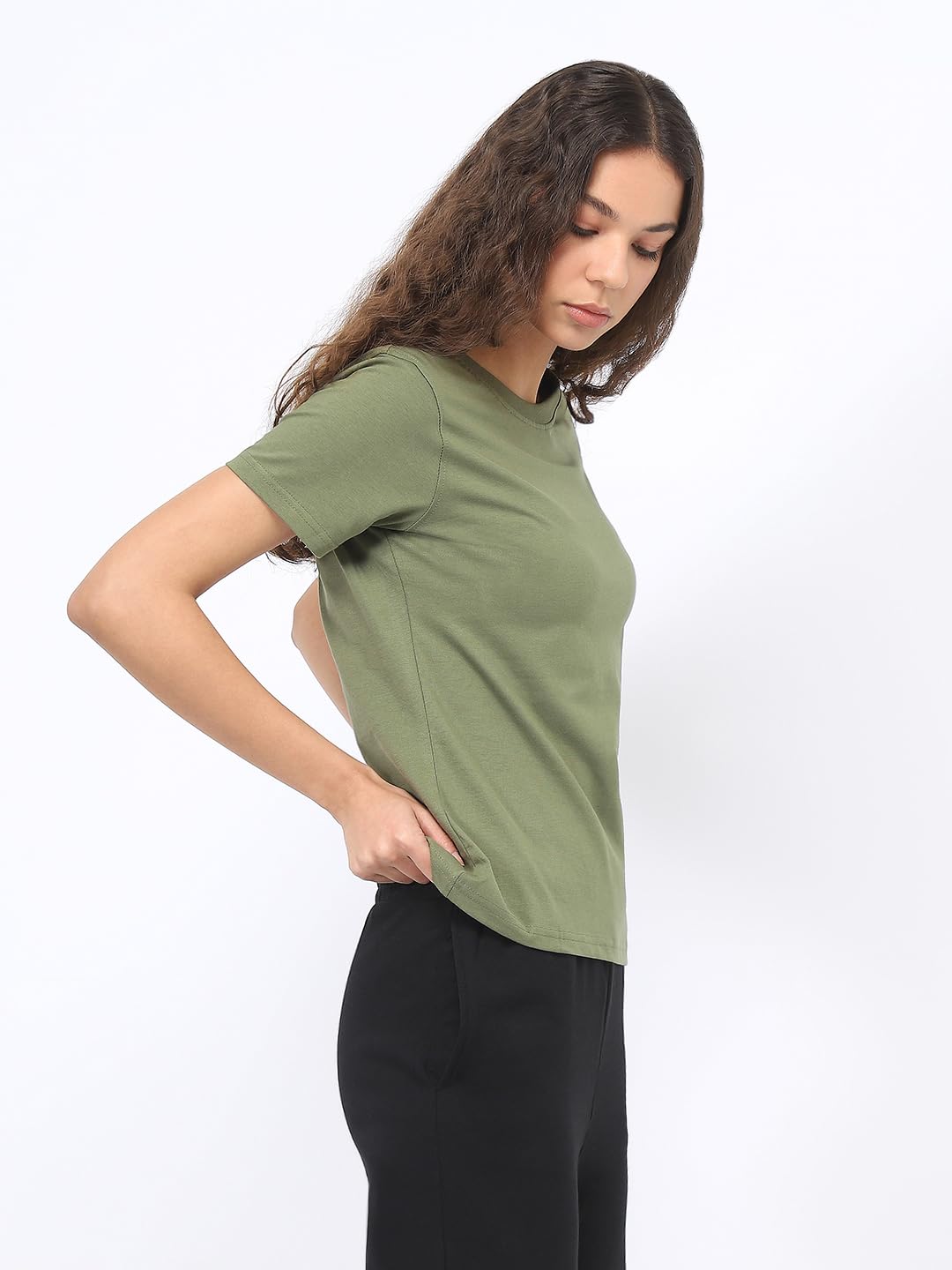 Nobero WomenS Solid Regular Fit T-Shirt (1W-Twts-R0003_Olive Green