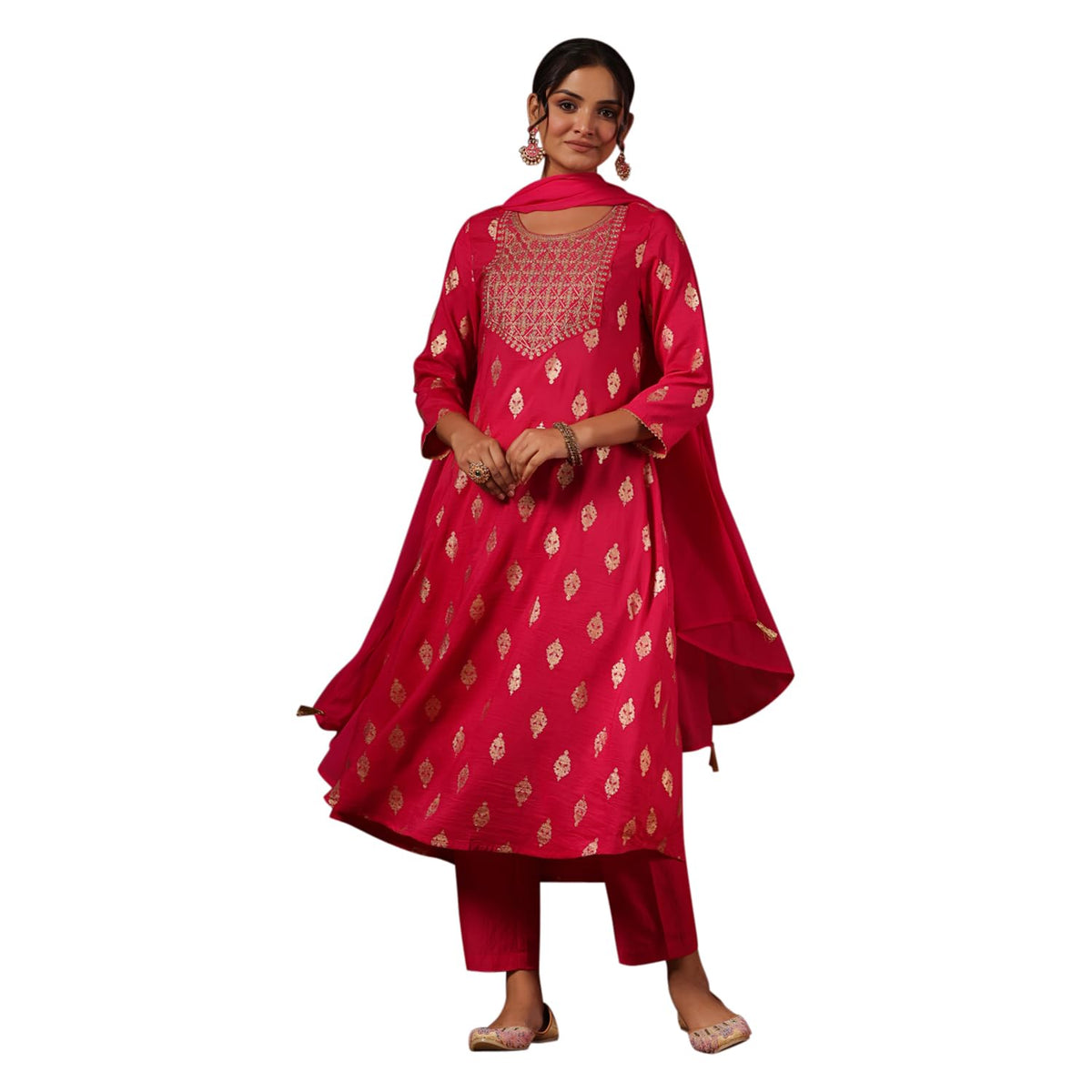 Ishin WomenS Magenta Foil Print Zari Work A-Line Kurta Suit Set With Trousers & Dupatta