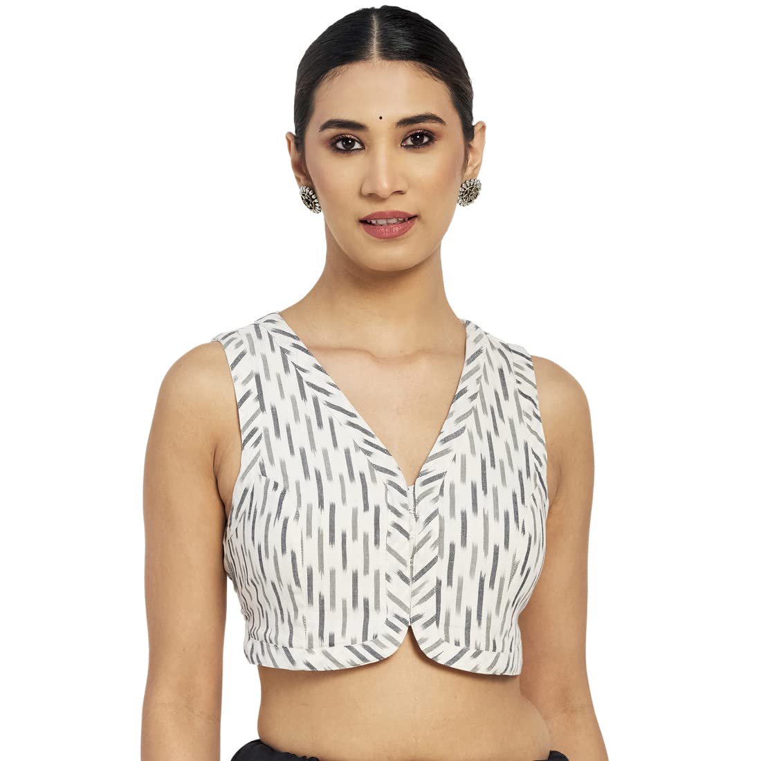 Fabindia Women Ikat Woven Sleeveless Blouse Cotton_38 White Large