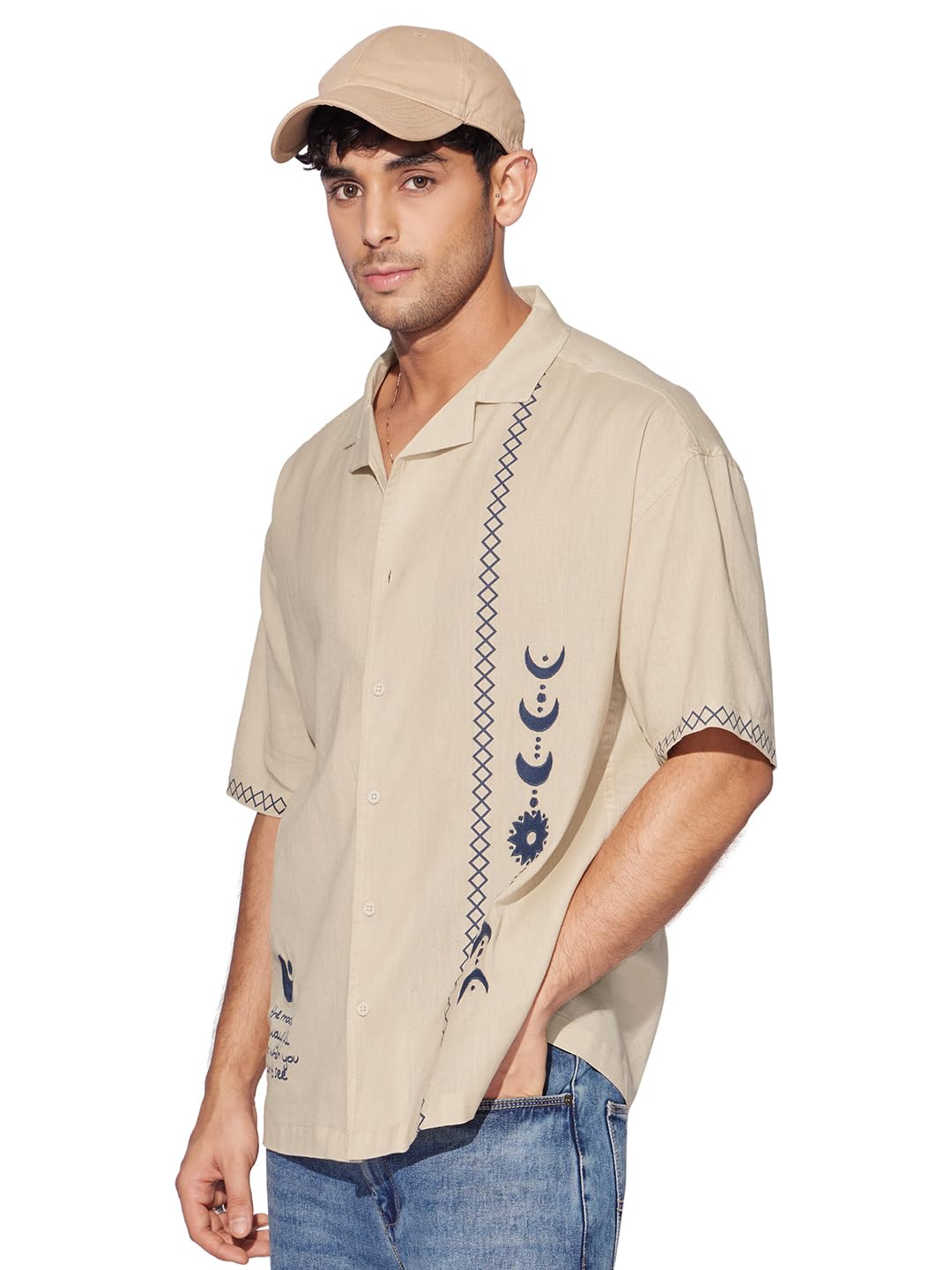 The Souled Store Bloom: Believe Men and Boys Short Sleeves Collared Neck Button Front Beige Embroidered Regular Fit Cotton Shirt