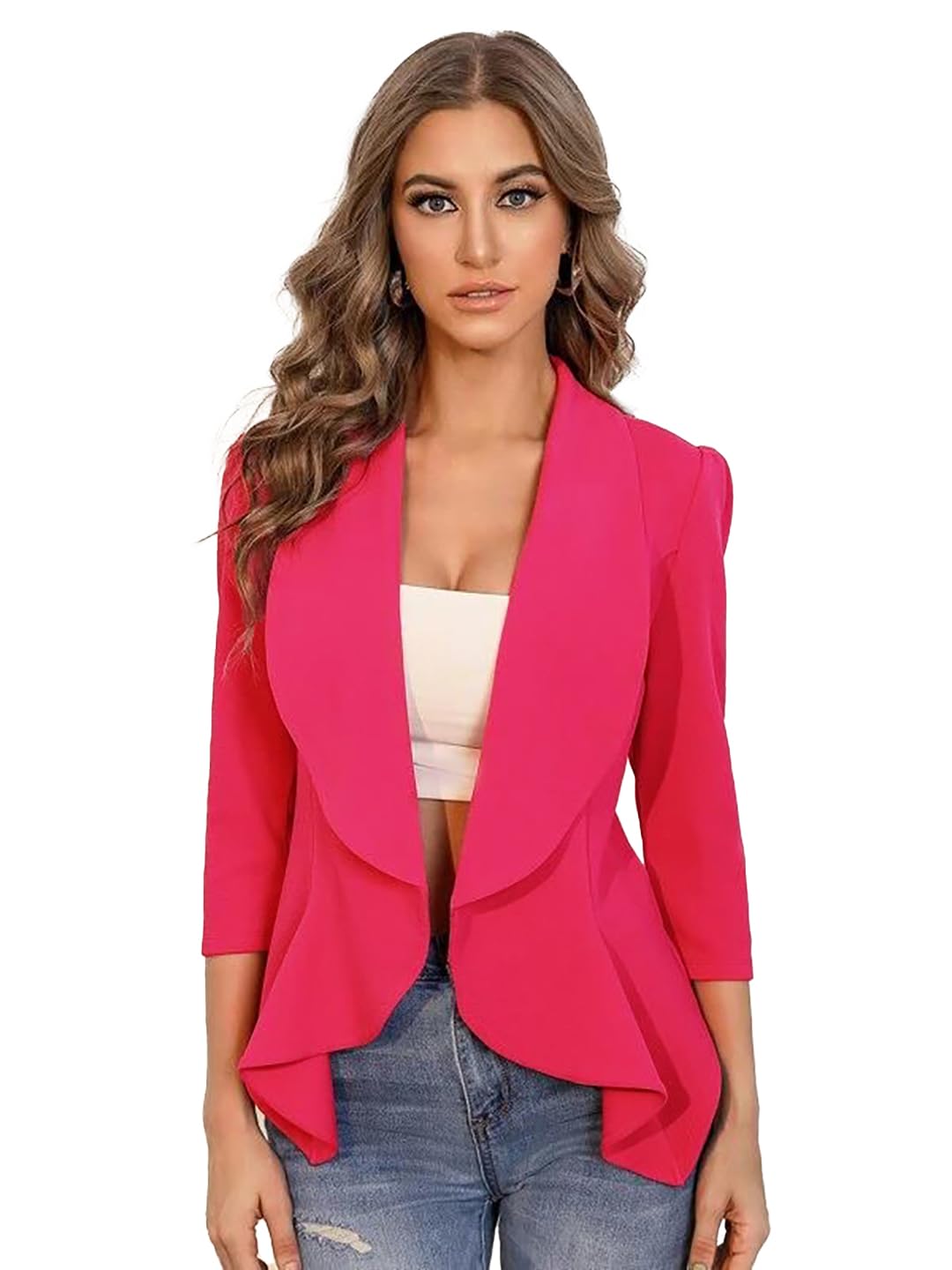Kotty WomenS Single Breasted Relaxed Fit Shawl Collar 3/4 Sleeve Blazer Hot Pink