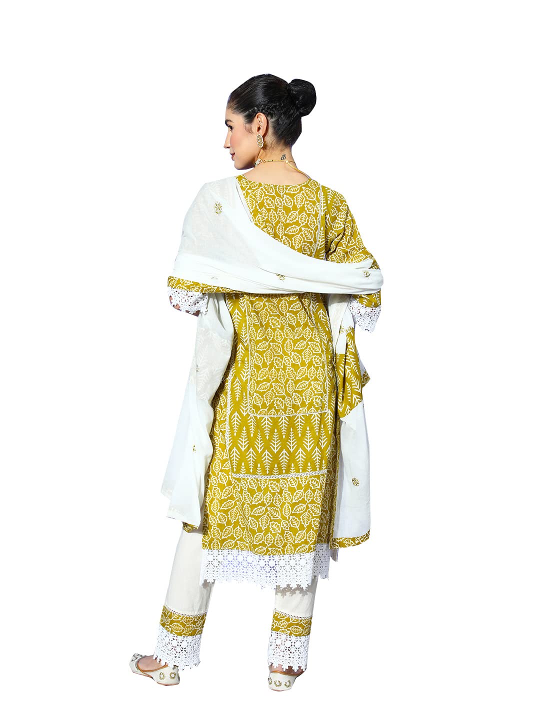 ishin Women's Cotton Olive & Off White Embroidered A-Line Kurta set With Trouser and Dupatta