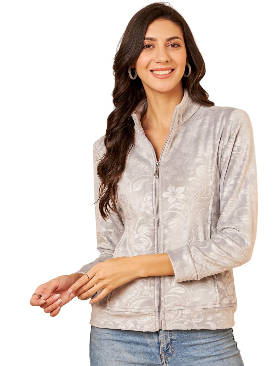 Modeve Full Sleeve Printed Women Jacket -Grey