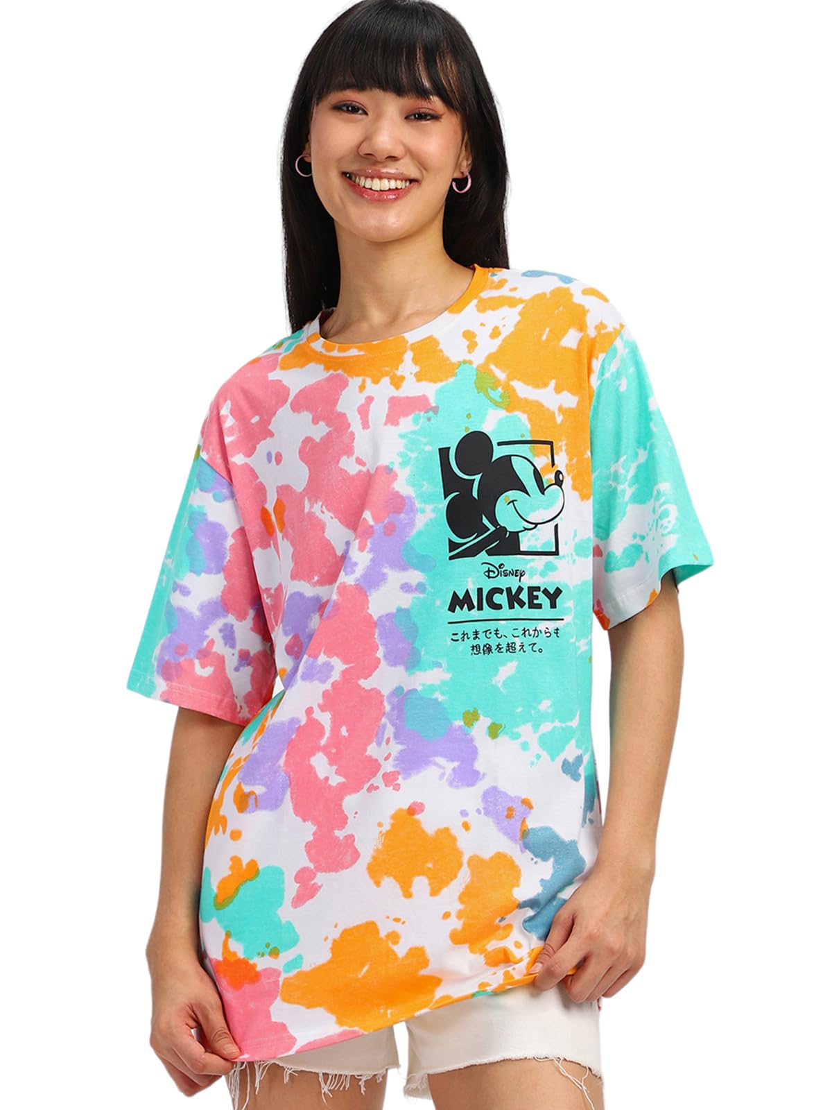 Veirdo100% Cotton Tie-Dye Official Disney Merchandise Oversized Cotton Crew Neck T-Shirt with Mickey Mouse Prin