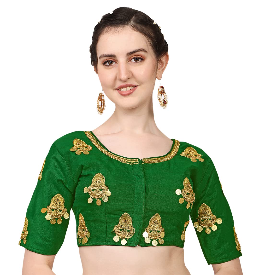 Pujia Mills WomenS Silk Embroidery Maggam Lakshmi Coin Work Readymade Saree Blouse