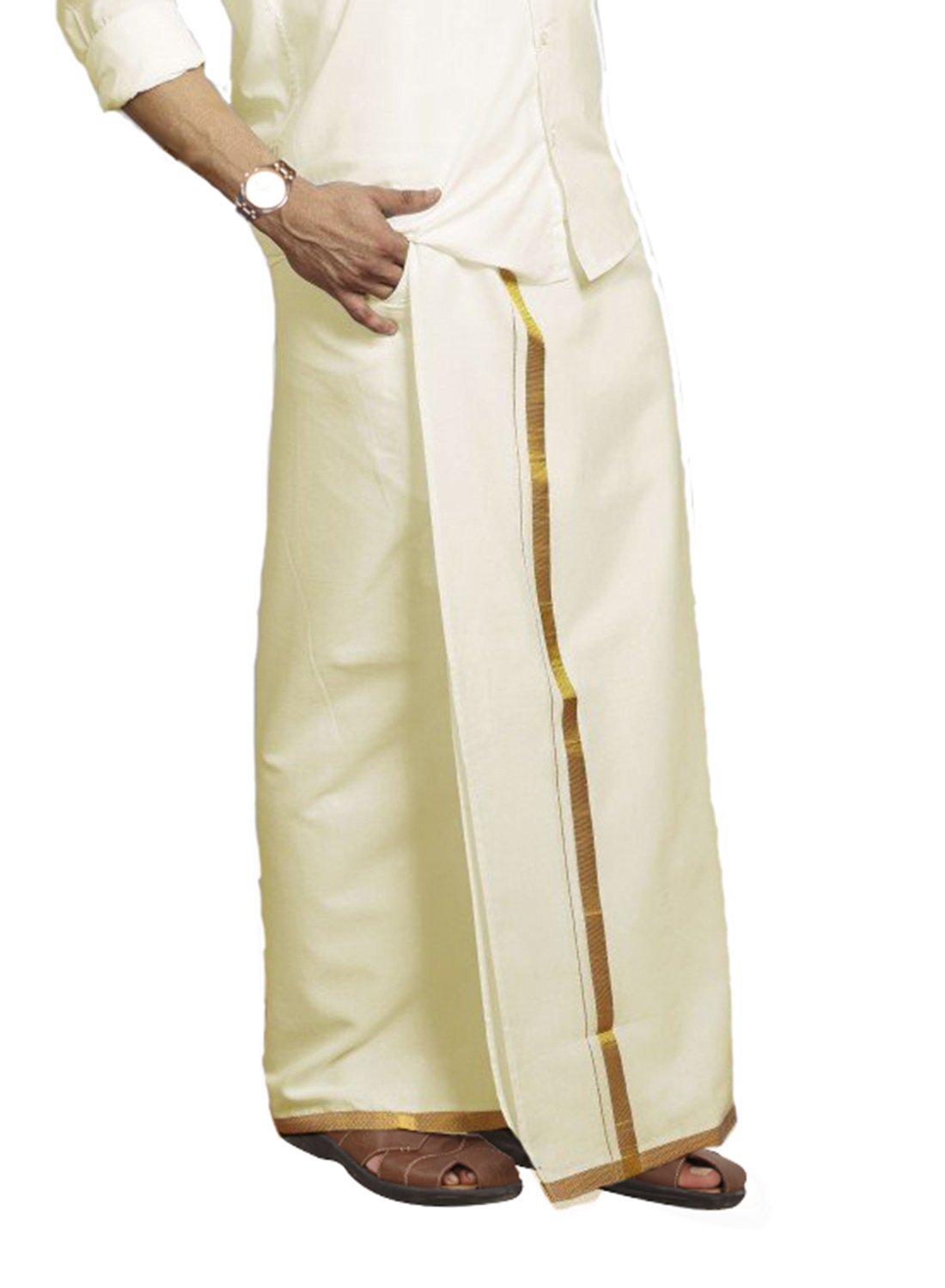 Prakasam Cotton MenS Fine Quality Welcro Pocket Jari Cotton Double Dhoti (36)