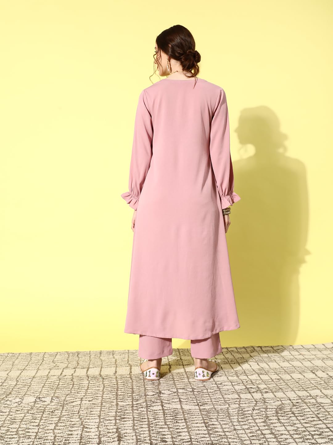 Varanga Women Mauve Colour, Bishop Sleeve A-Line Kurta Paired With Tonal Bottom