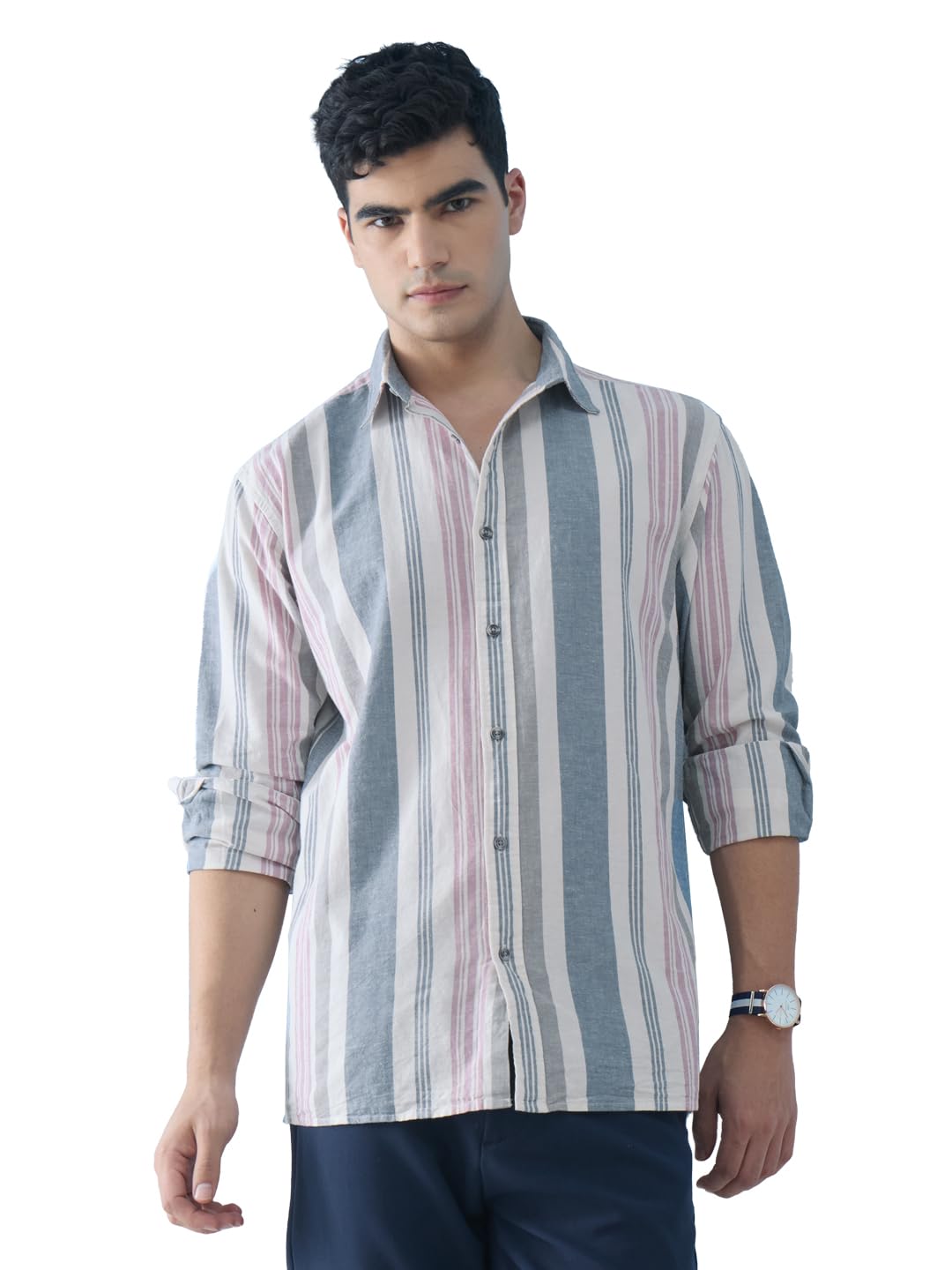 The Souled Store Cotton Linen Stripes: Marine Men and Boys Long Sleeves Collared Neck Button Front Regular Fit Lightweight Breat