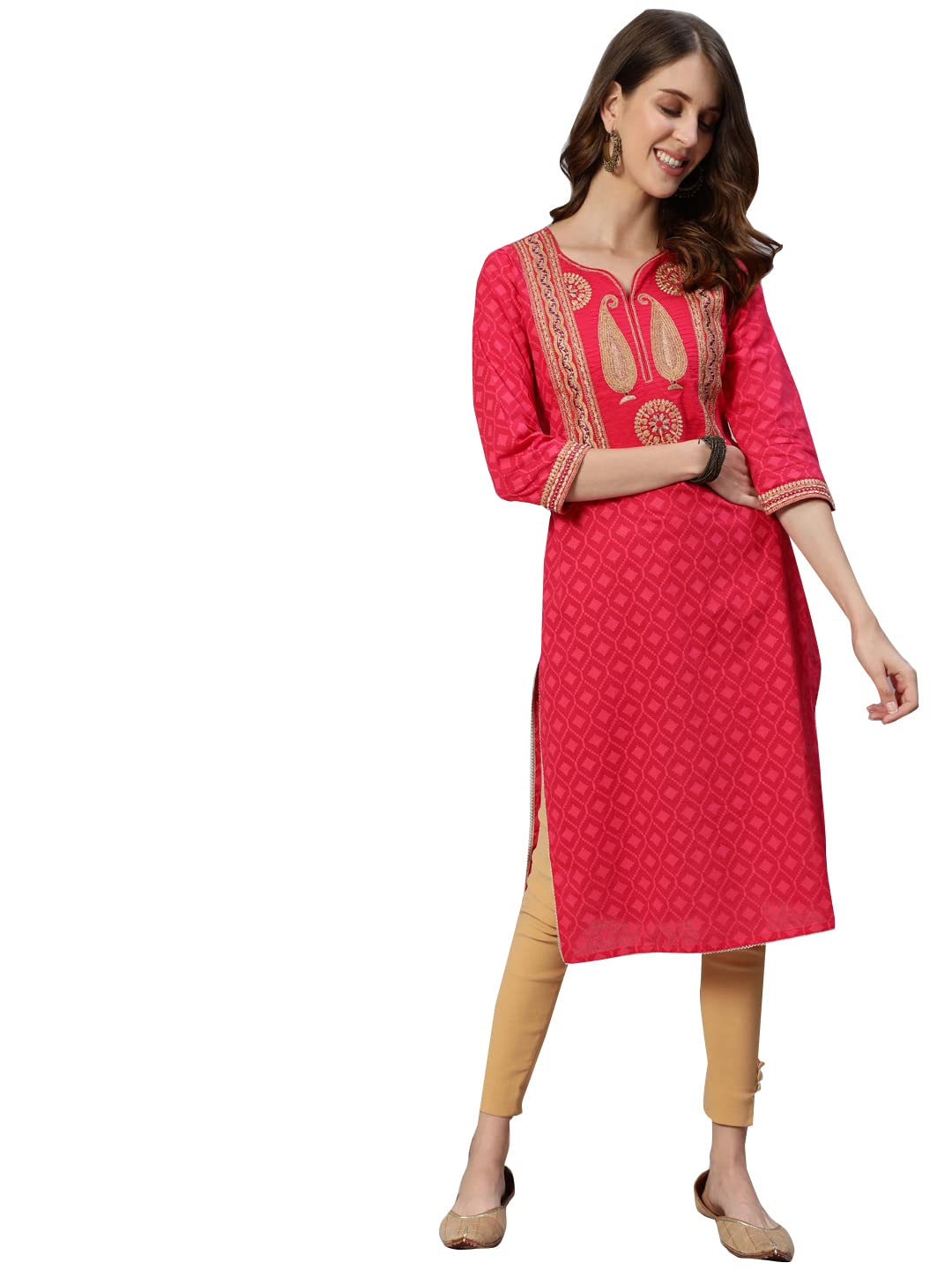 ishin Women's Cotton Blend Green Embroidered Anarkali Kurta