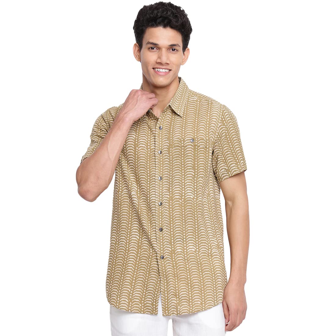 Fabindia Men Cotton Printed Shirt Beige_S