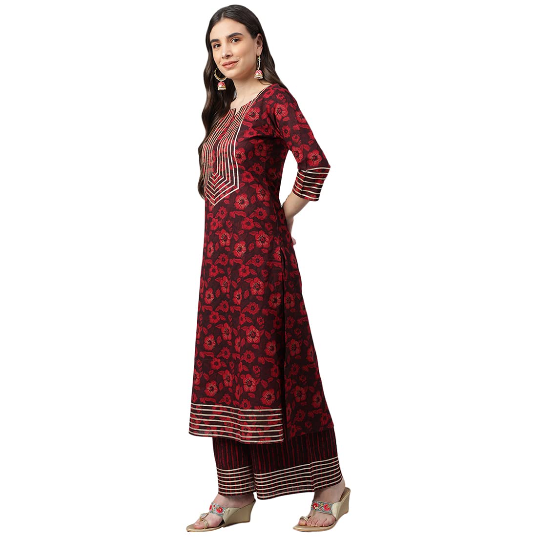 idaLia Maroon Printed Cotton Kurta Set