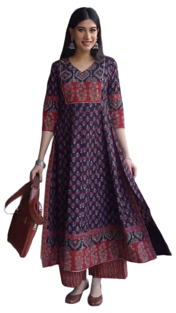 ANNI Designer Womens Viscose Blend Printed A-Line with Side Slit Kurta with Palazzo (Adisri Begani_XXL_Begani_XX-Large)