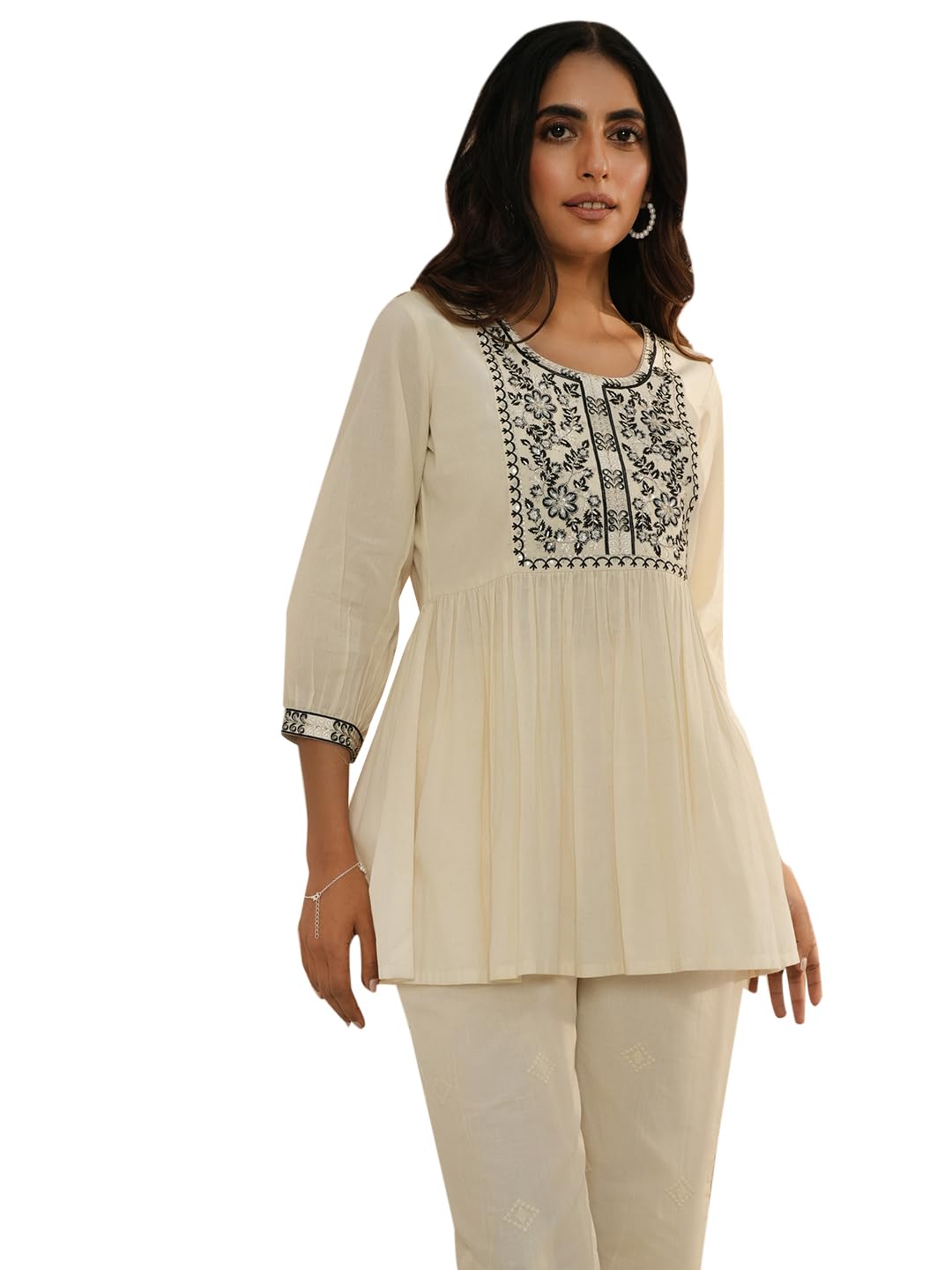 Libas WomenS Cotton Yoke Design A-Line Kurtis (26719_Off White
