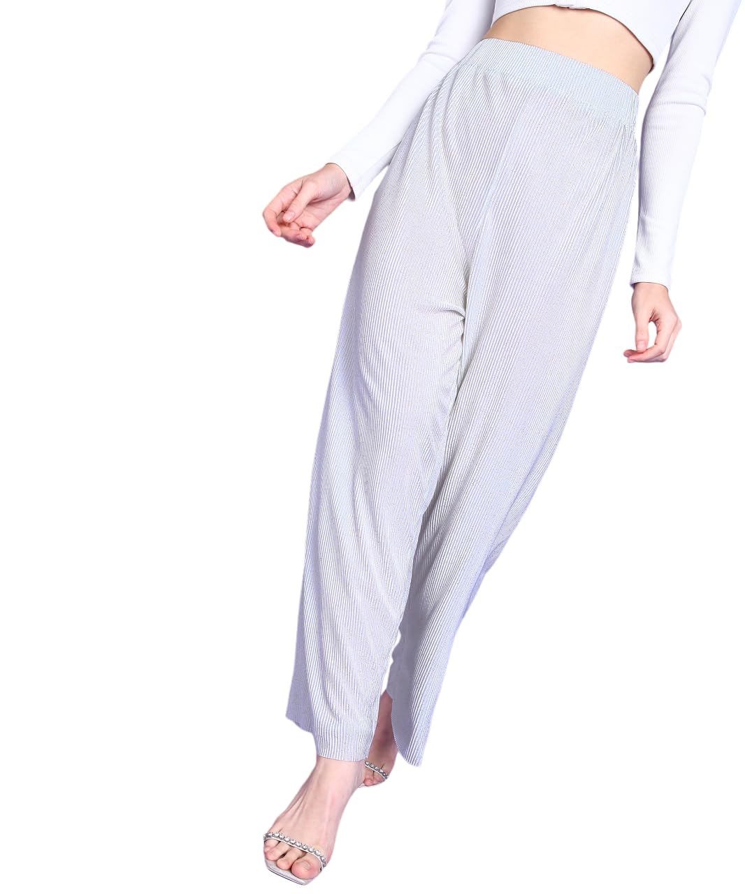POPWINGS Casual Self Design Wrinkle Shimmer Trouser for Women || Pull On Trouser for Women || High Rise Loose Fit Women Trouser