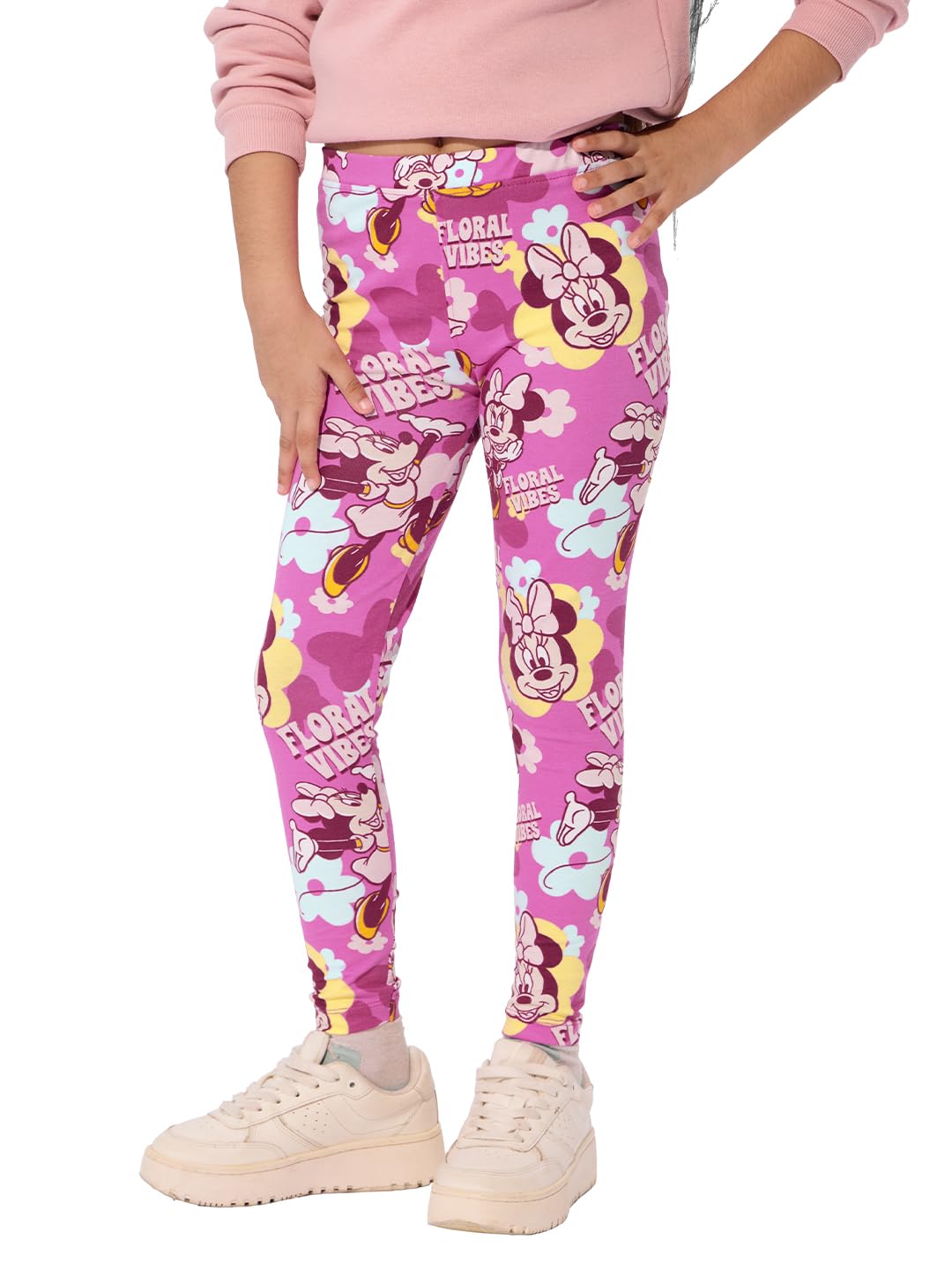 The Souled Store Official Disney: Bowtastic Printed Cotton Leggings for Girls Pink