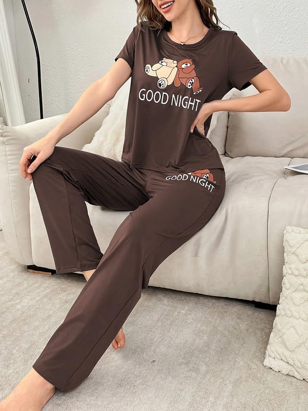 SMOWKLY Womens Premium Cotton Blend Cute Print Two Piece Pj Sleepwear Co-ord Set || Stylish Top with Pajama Pant Comfy Loungwea