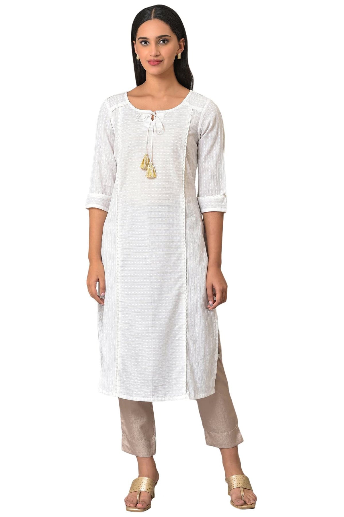 Aurelia White Self-Design Cotton Straight Long Kurta For Women