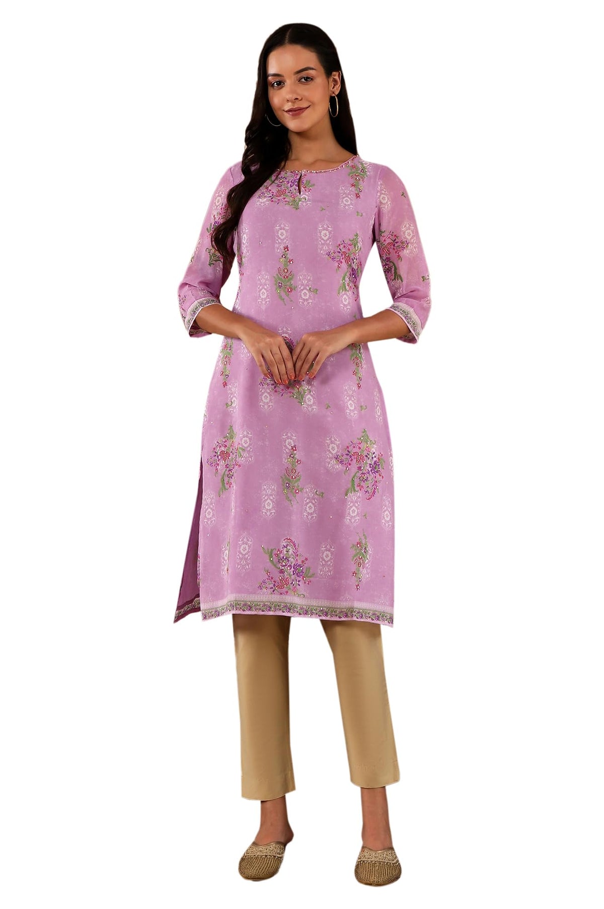 W Purple Floral Printed Synthetic Regular Sequin Kurta For Women
