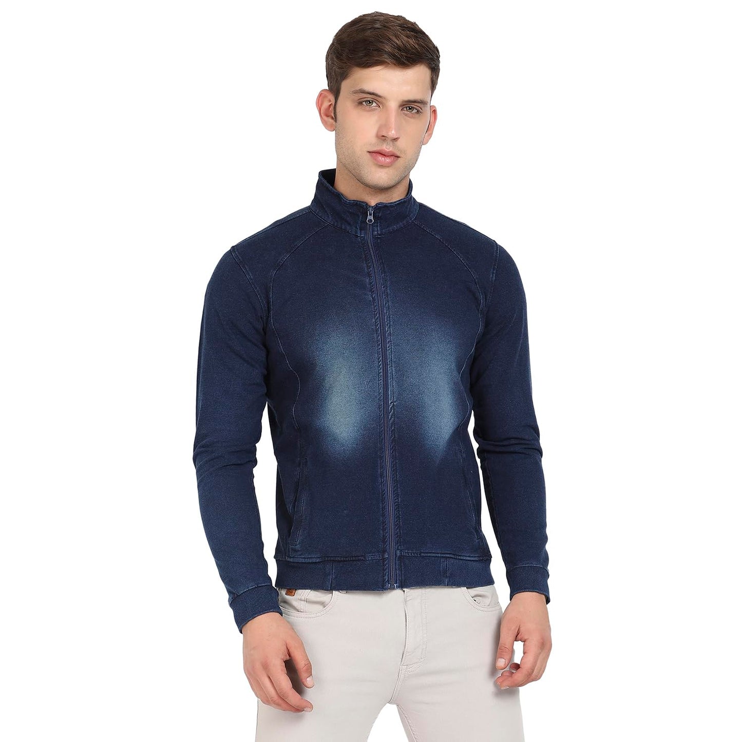 Campus Sutra Mens Navy Blue Zip-Front Dark-Wash Denim Jacket For Casual Wear | High Neck | Long Sleeve | Zipper Closure | Cotto