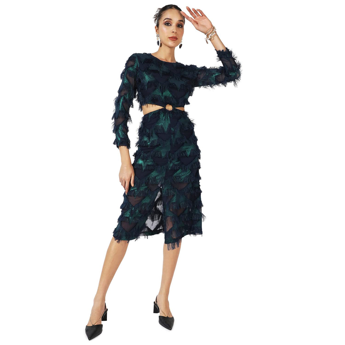 Campus Sutra WomenS Green & Blue Cutout Fringe Dress For Casual Wear | Long Sleeve | Midi Length | Dress Crafted With Comfort F