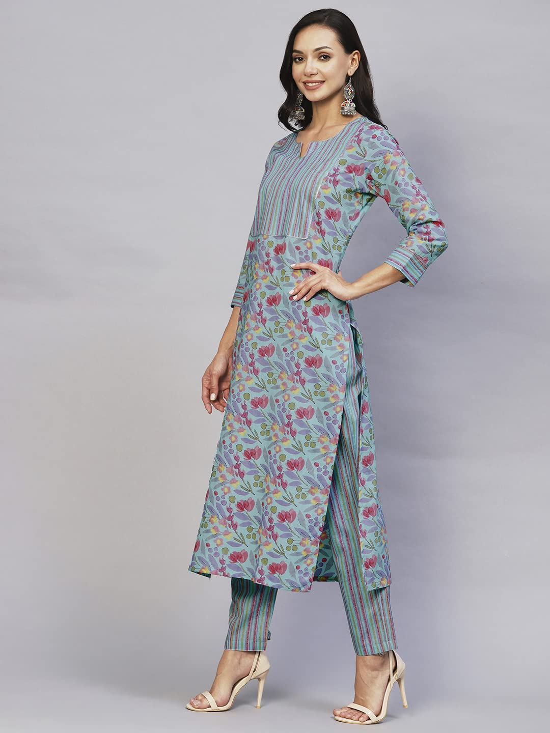 GoSriKi Women's Cotton Blend Printed Straight Kurta with Pant (Nand Blue-GS)