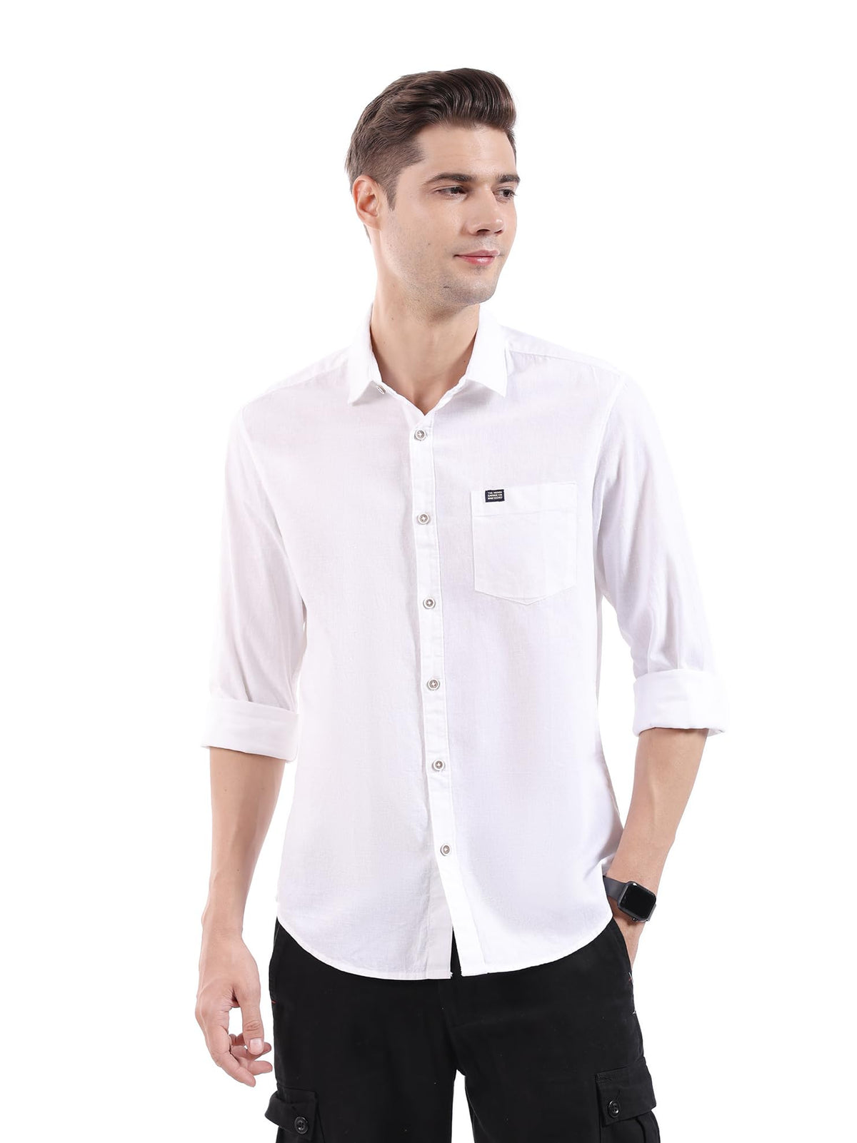 The Indian Garage Co Men White Solid Slim Fit Linen Casual Shirt