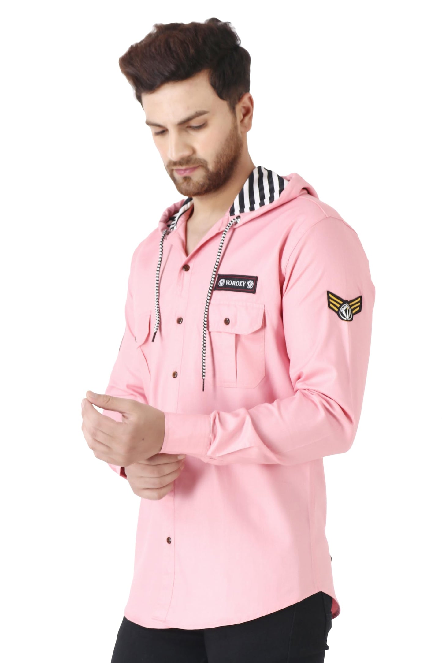 Besix MenS Pink Tailored Fit Cotton Blend Shirt For Man With Hoodie - Casual Long Sleeve Shirt With Pockets - Patch Detail For