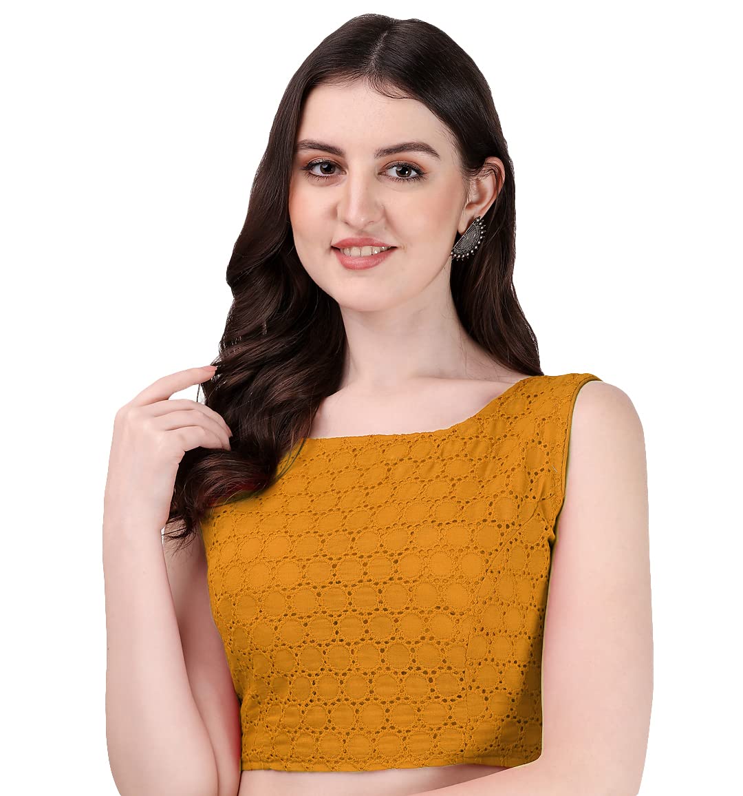 Pujia Mills Womens Womens Cotton Chikankari Embroidery Work Readymade Saree Sleeveless Blouse