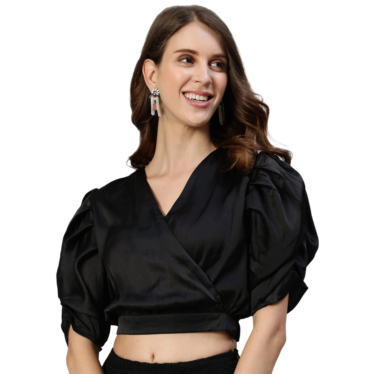 Ishin WomenS Black Solid Wrap Crop Top