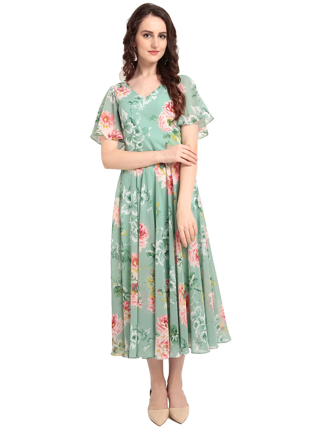 Rare London Women Georgette A-Line Calf Length Dress (Ep3153_B_Green_Xl)