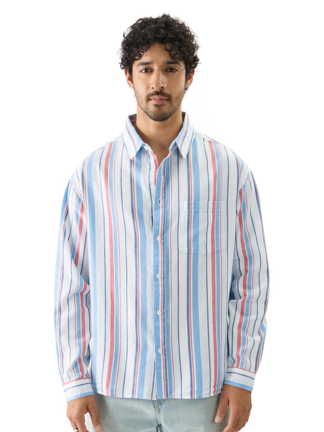 The Souled Store Blue & Red Stripes Long Sleeve Collared Neck Front Button Cotton Relaxed Fit Shirts for Men & Boy- Casual Elega
