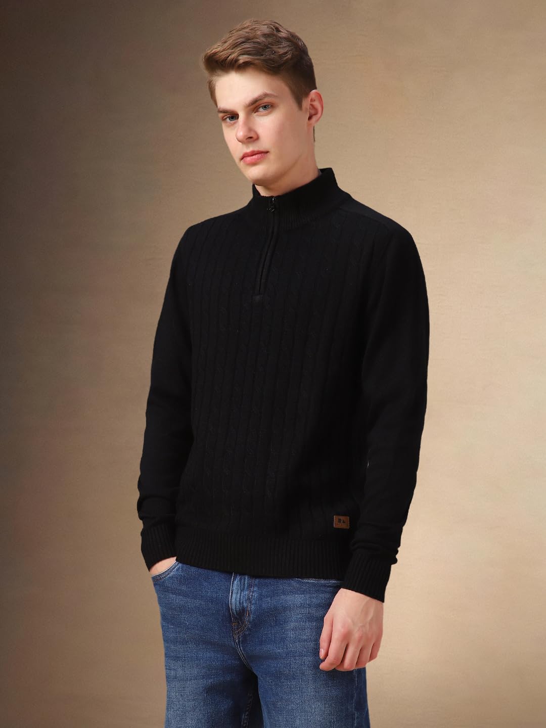 Dennis Lingo Men Black Solid Acrylic Slim Fit Full Sleeve Sweater