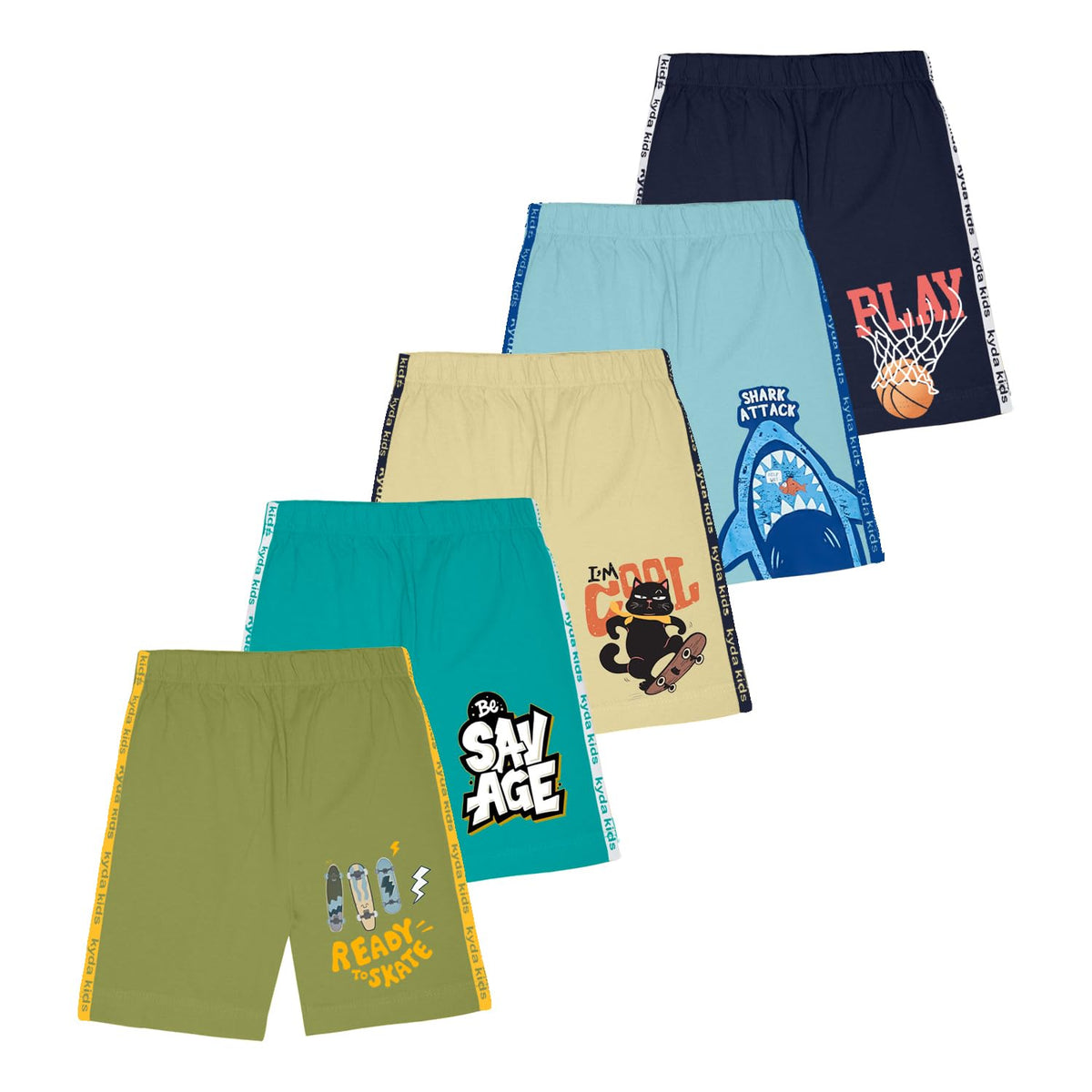 Kyda Kids 100% Cotton Printed Shorts For Boys And Girls - Regular Fit Multicolor (Pack Of 5)
