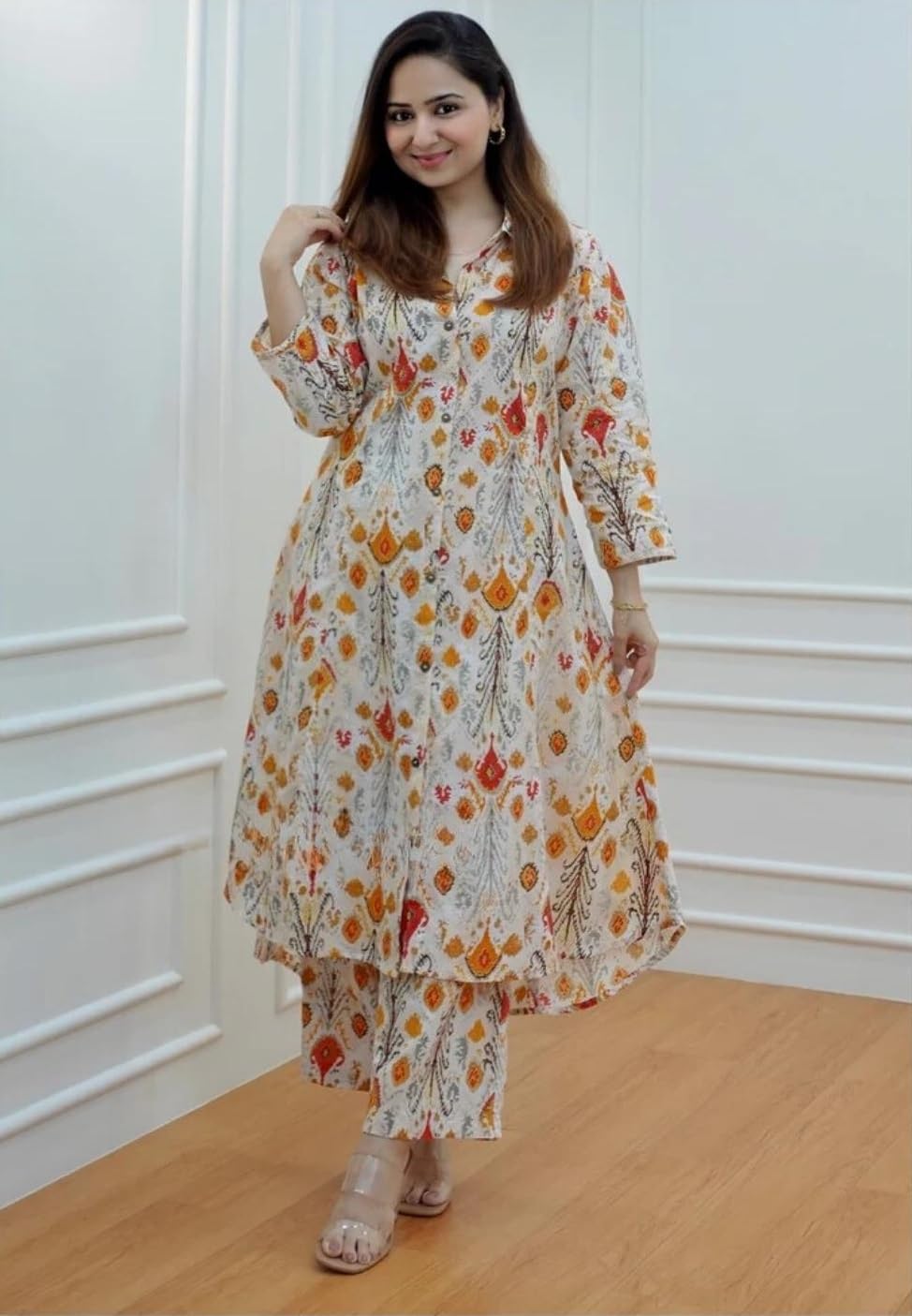 Leriya Fashion Women's Anarkali Rayon Floral Printed Kurta Pant Set | High-Low Hem & 3/4 Sleeves | Ethnic Co-ord for Festive & Casual Wear | Co ord Set For Women Stylish | 2 Piece Dress For Holiday Look & Puja