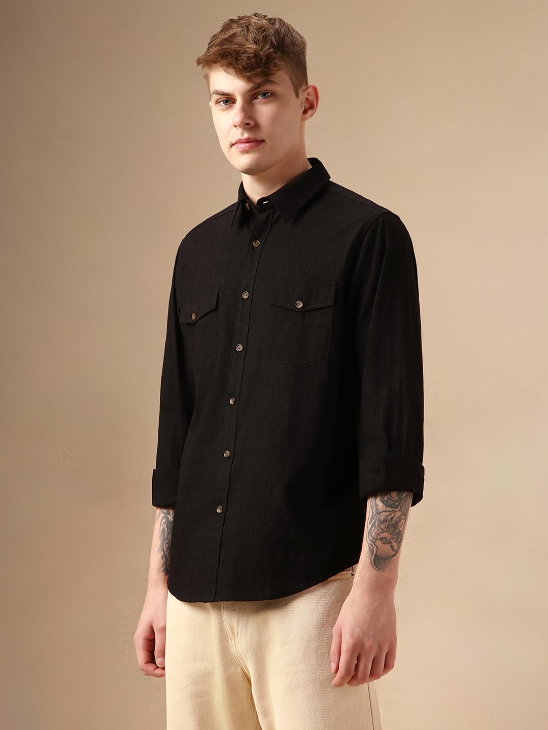 Dennis Lingo Men Black 100% Cotton Full Sleeve Spread Collar Self Design Shirts