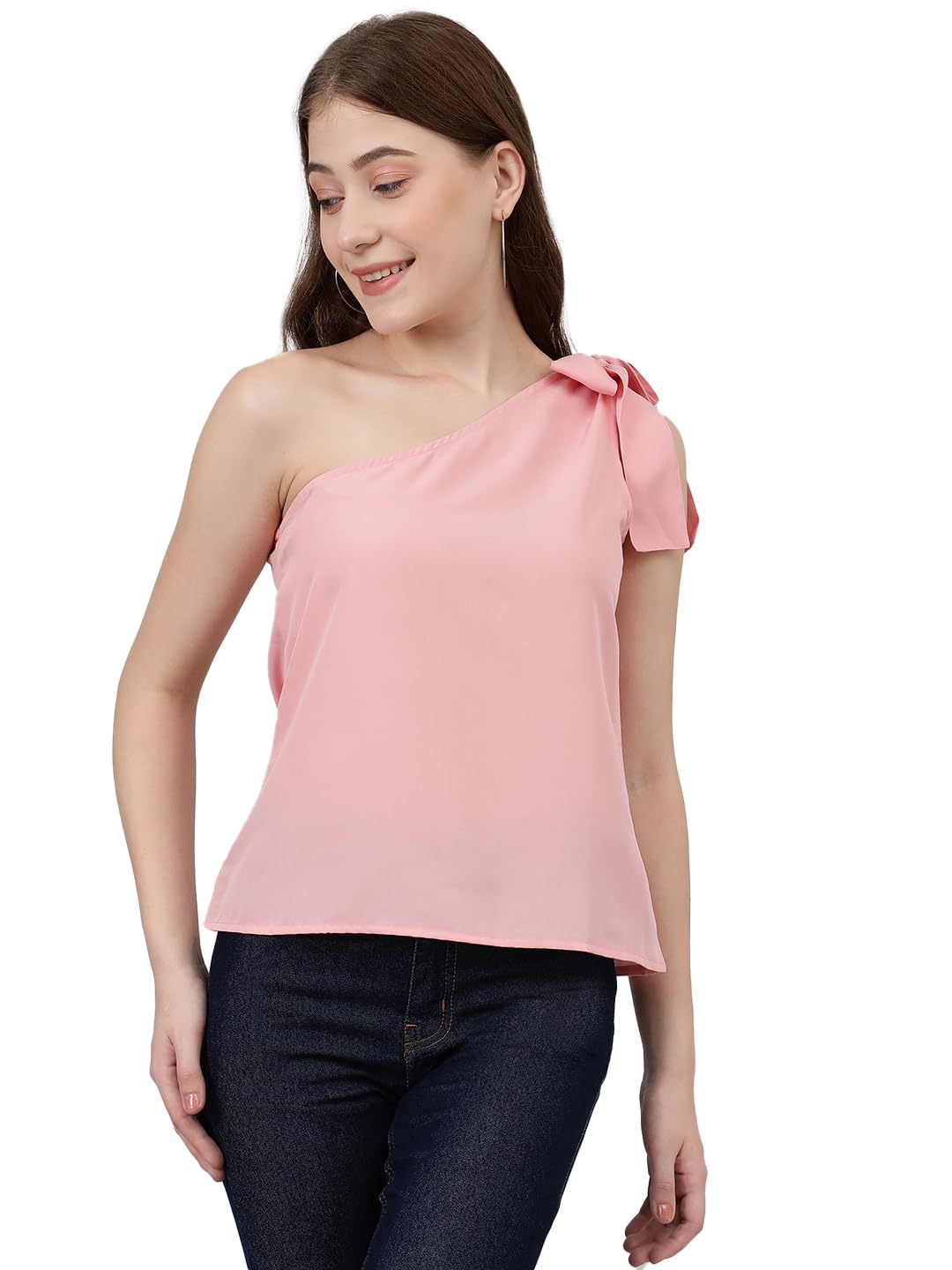 Kotty WomenS Casual One Shoulder Sleeves Solid Pink Top