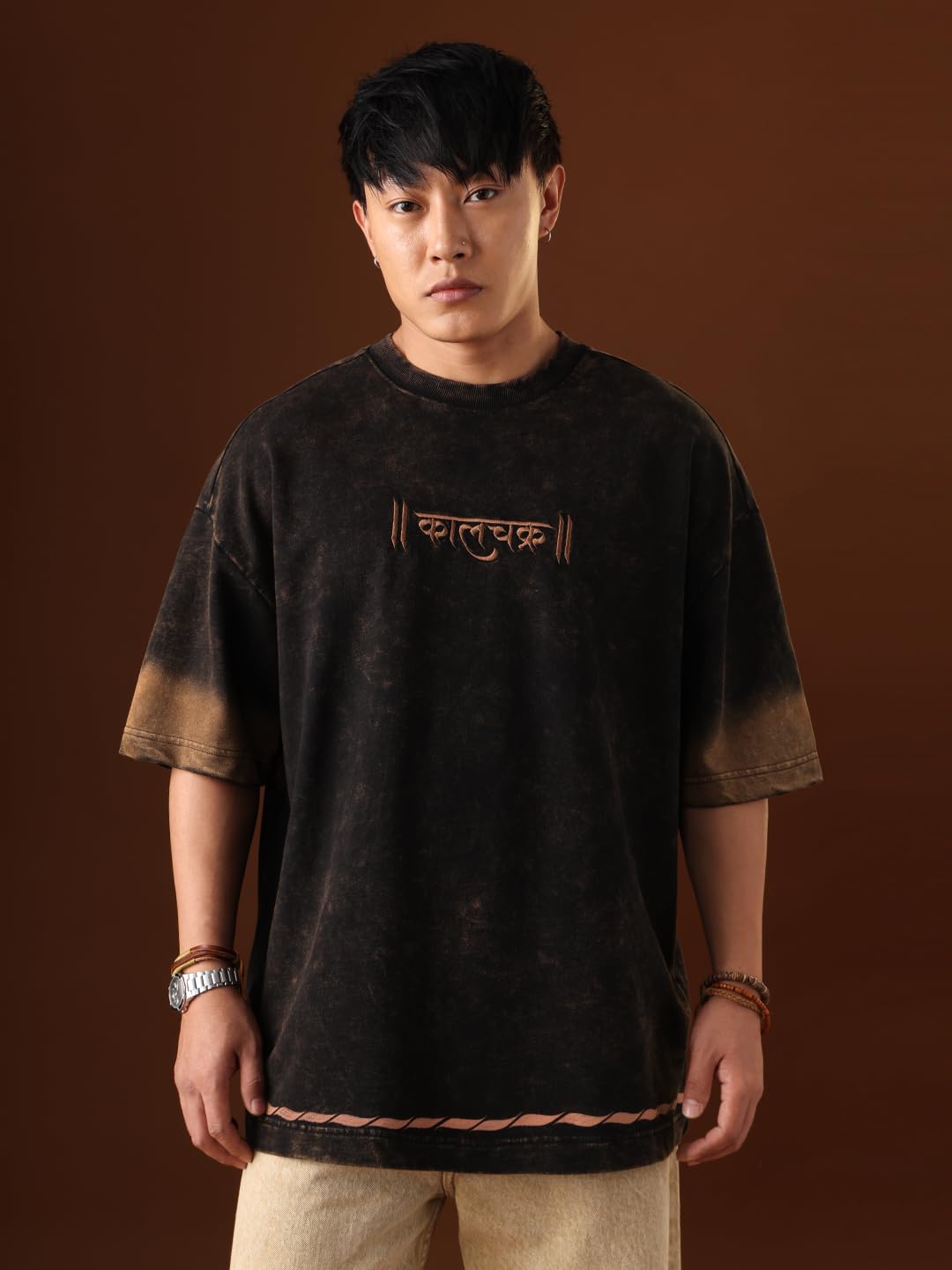 The Souled Store Kaal Chakra Men and Boys Short Sleeves Round Neck Black Embroidered Casual Streetwear Super Oversized T-Shirt