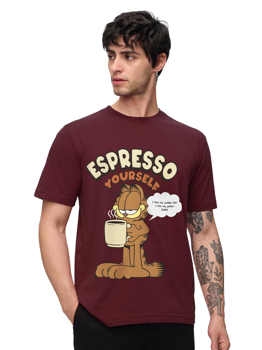 The Souled Store Official Garfield: Espresso Yourself Men and Boys Short Sleeve Round Neck Maroon Graphic Printed Regular Fit Co