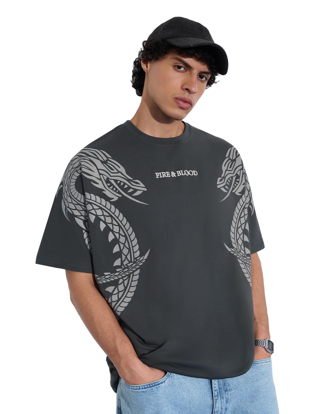 The Souled Store House of The Dragon: Fire & Blood Men and Boys Short Sleeves Round Neck Grey Graphic Printed Cotton Oversized T