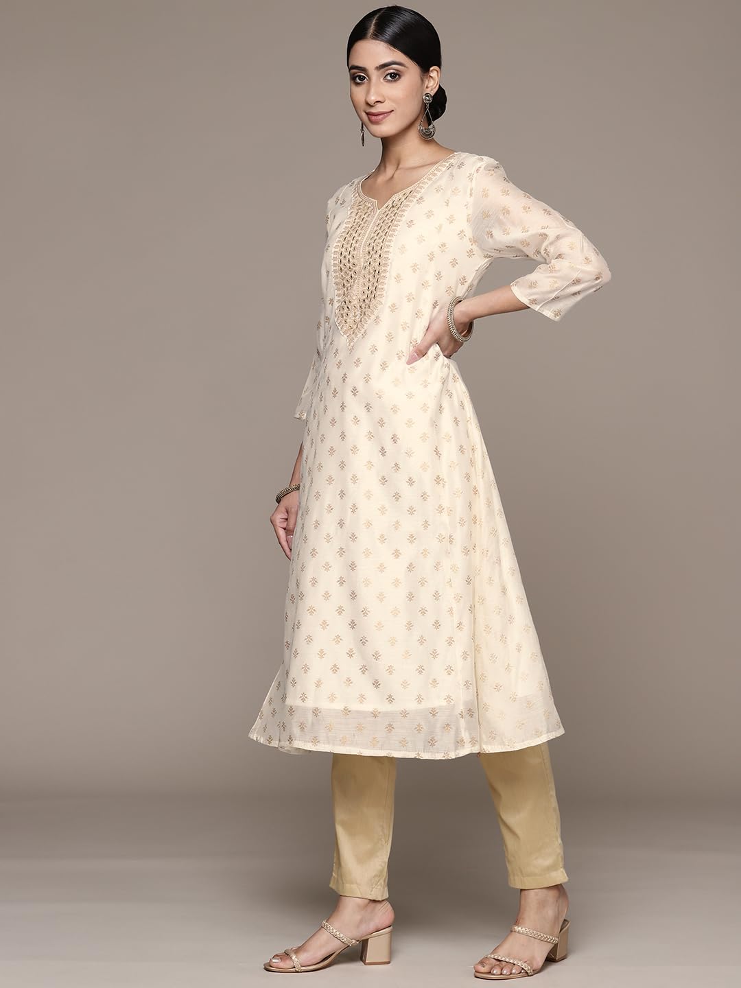 ishin Women's Silk Embellished Off White A-Line Kurta