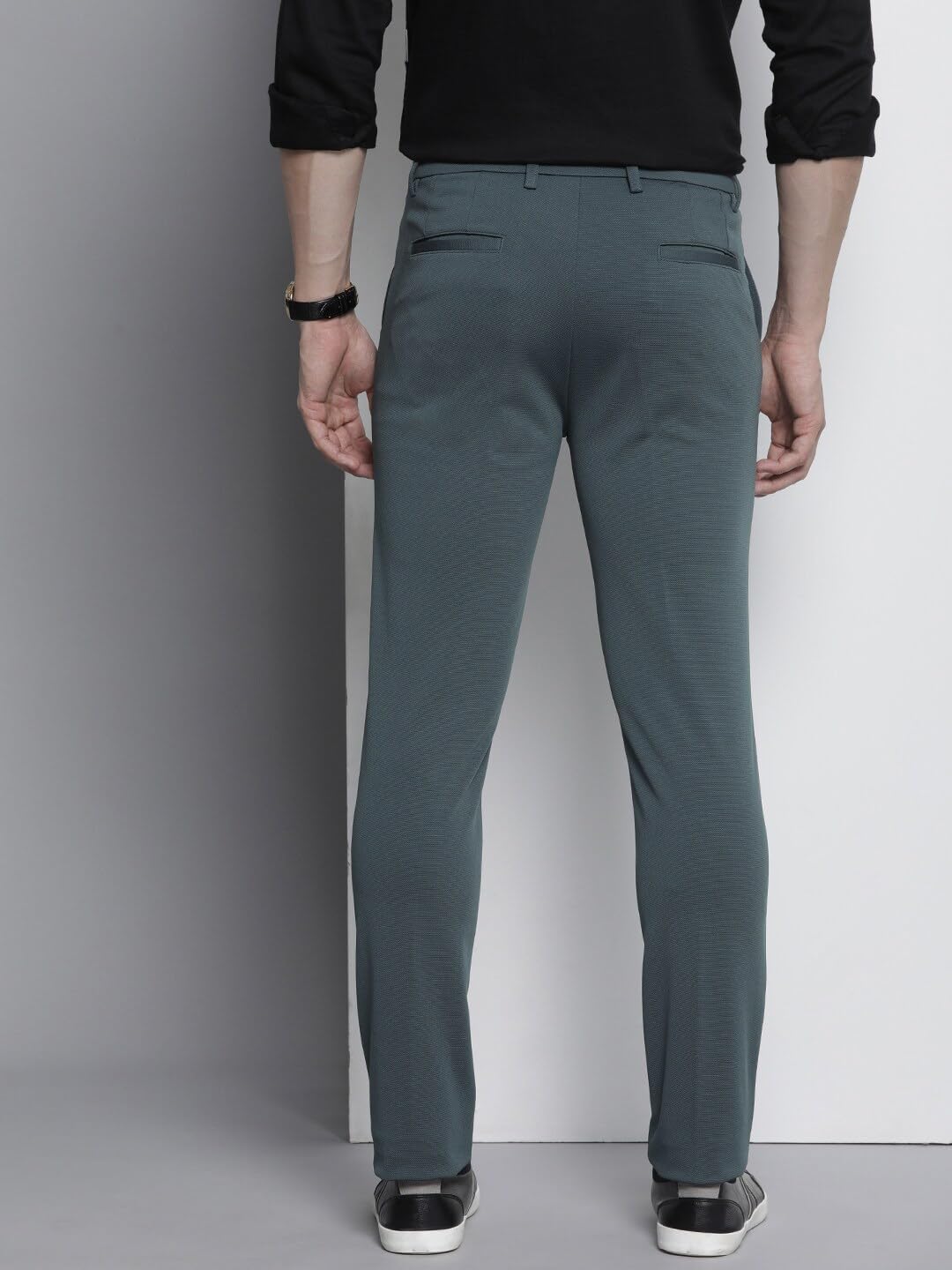 The Indian Garage Co Men Slim Fit Solid Mid-Rise Stretchable Knitted Formal Trousers Steel Grey